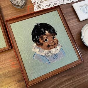 Set of 2 Framed Vintage Needlepoint Portrait in Soft Blue and Mint